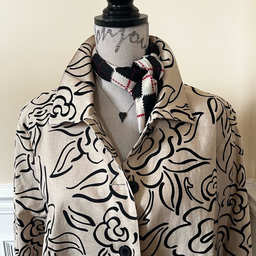 Black-Allover-Sketch Floral Beige & Black Button Front Linen Topper Jacket.